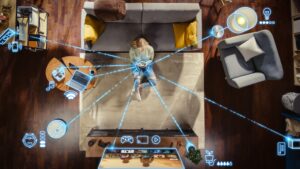Overhead view of a modern Dallas living room showcasing smart home connectivity features with interactive icons representing IoT devices.